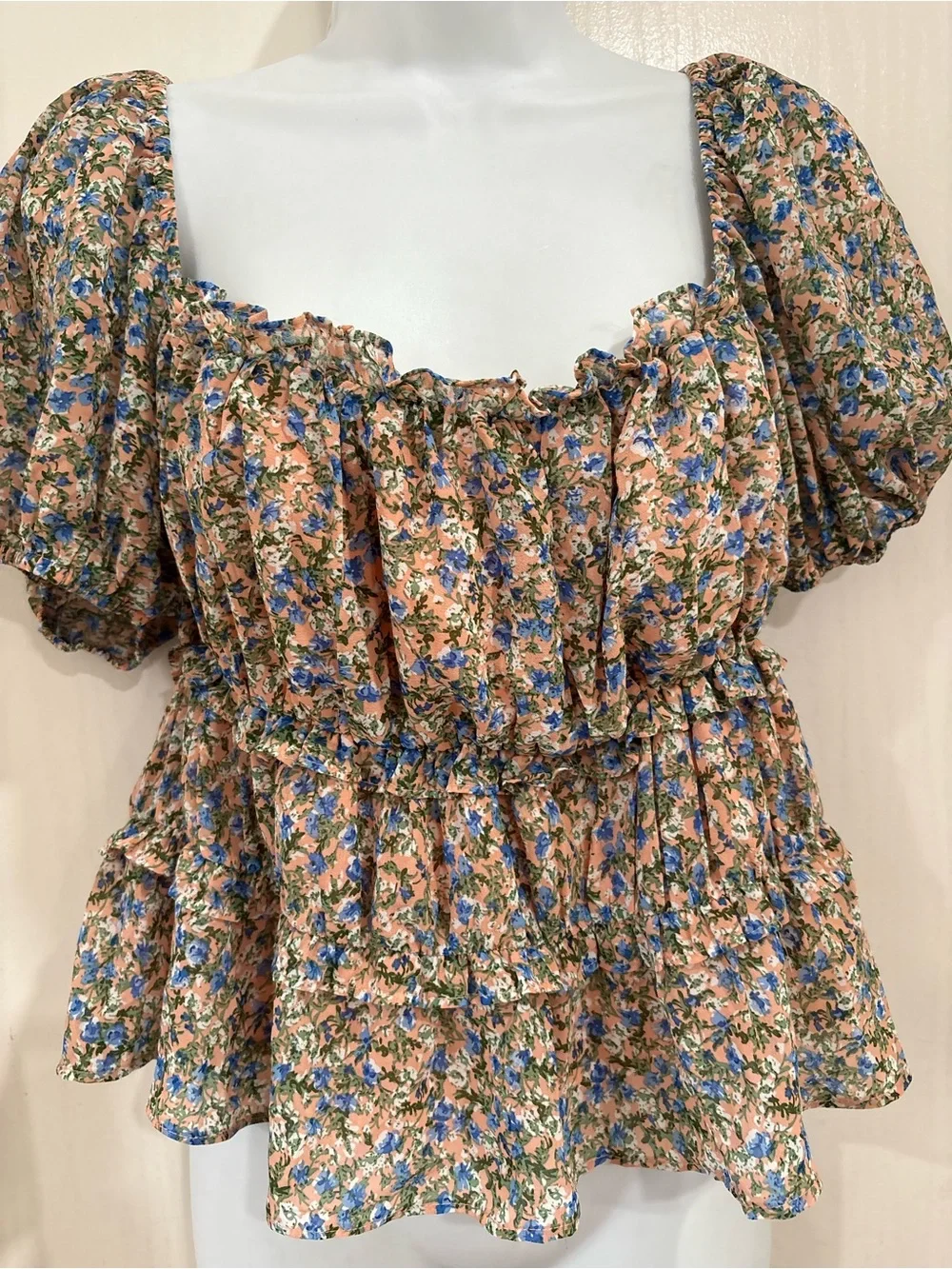 Astr Peach Floral Puff-Sleeve Peplum Top with Blue Flowers peasant baby doll